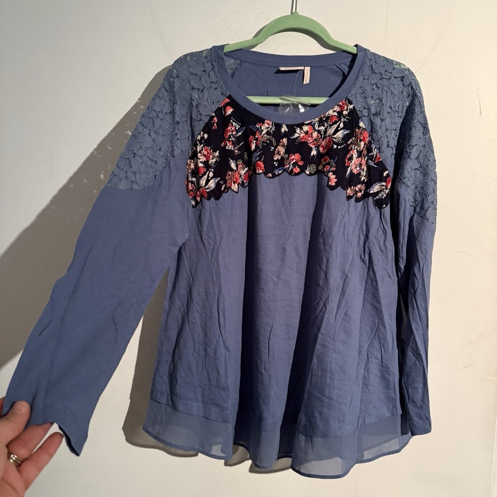 LOGO Lavish‎ Large Floral Embellished Top Lace Boho Cottagecore Resort Feminine